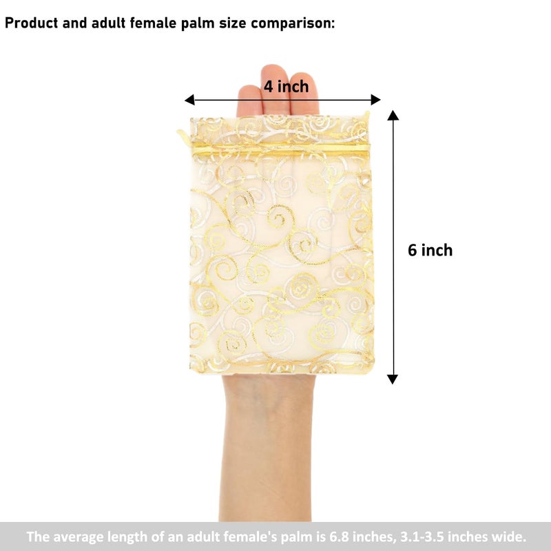 Staruby Organza Gift Bags 100Pcs Gold Sheer Organza Bag 4x6 Inch Mesh Favor Bags Drawstring Jewelry Rattan Printed Gift Pouches for Wedding Party Favors Couple Shower Christmas Gifts Candy Bags - Image 2